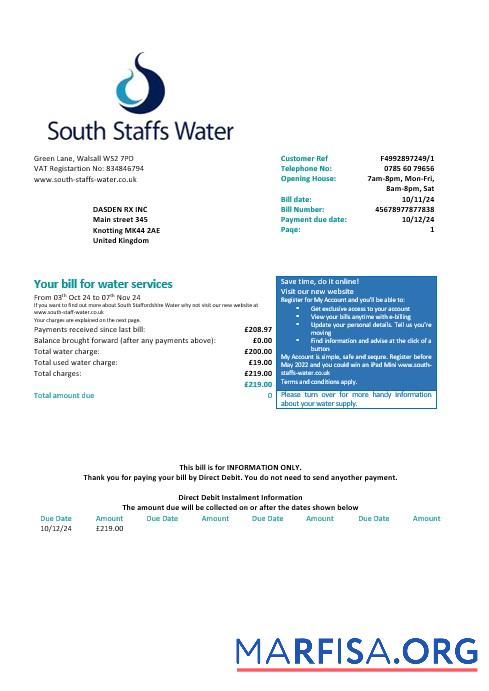 Blank United Kingdom South Staffs Water water business utility bill Word and PDF formats, version 2 sample